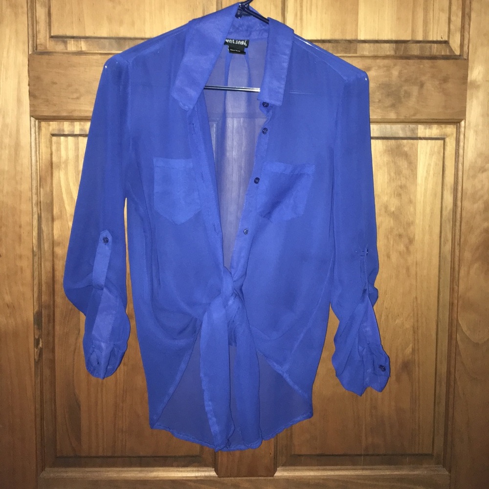 Wet seal! Blue sheer tie button up top casual blouse!